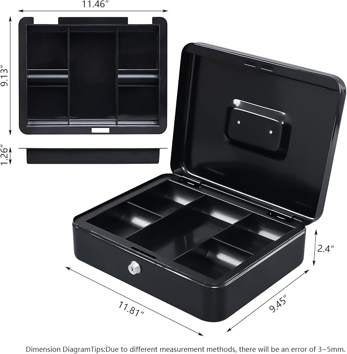 KYODOLED Metal Cash Box with Money Tray and Lock,Money Box with Cash Tray,Cash Drawer,11.81"x 9.45"x 3.54" Black X Large - Image 5