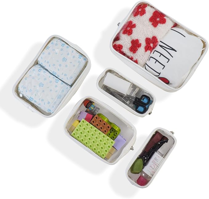 Remobia Hicol TSA Approved 5-Piece Diaper Bag Organizer Pouch Set Clear Waterproof TPU Kids Toiletry Storage Set Travel Packing Clutch Cube Bags for Baby Nursing(Pearl White Leather) - Image 5