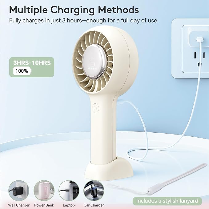 ZOZOO Portable Fan, USB Rechargeable 5 Speed Handheld Fan,LED Display &High Power Motor Table Fan, 2 IN 1 Quiet Strong personal fans for Travel,Camping,Beach Concert (White) - Image 3