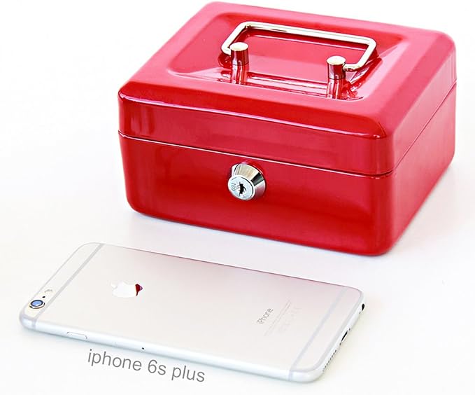 Decaller Small Cash Box with Key Lock, Double Layer Metal Money Box for Home Security, Portable Locking Box, 5.9" x 4.7" x 3.2", Red - Image 7