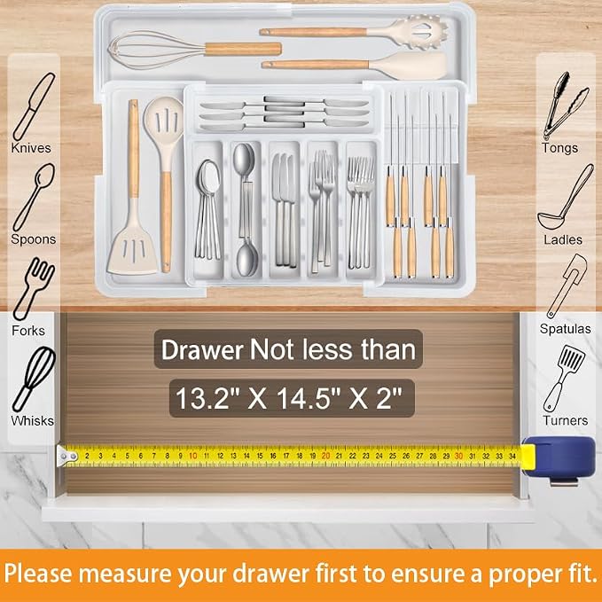 Homecor Silverware Organizer for Kitchen Drawer, Expandable Utensil Drawer Organizer with 2 Knife Block, Flatware and Cutlery Holder, Adjustable Plastic Storage for Spoons Forks Knives - Image 5