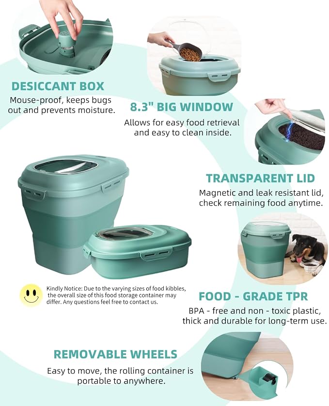20-50 Lbs Food Storage Containers,Collapsible Rice Container with Wheel Airtight Locking Lid,Flour Storage Container with Small Food Jar and Scoop,Suitable for Food,Rice,Pet Food,Flour - Image 8