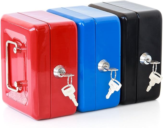 Decaller Small Cash Box with Key Lock, Double Layer Metal Money Box for Home Security, Portable Locking Box, 5.9" x 4.7" x 3.2", Blue - Image 8