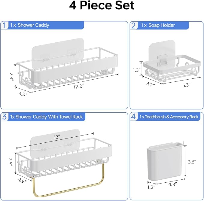 KINGRACK Shower Caddy Adhesive 4-Piece Rust-Resistant Shower Shelves, No-Drill Bathroom Shower Organizer with Large Capacity for Bathroom, Kitchen, and Laundry,White - Image 2