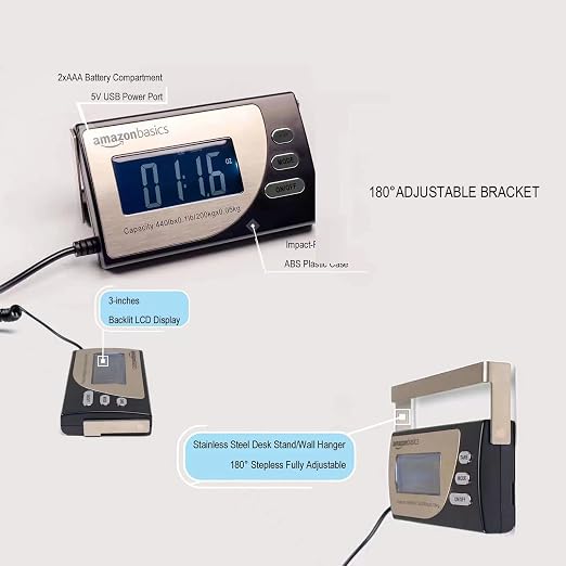 Amazon Basics Digital Postal Scale with Tare Function, Heavy Duty, Aluminium Platform, 440 lb Capacity, Digital Shipping, Portable, Black - Image 3