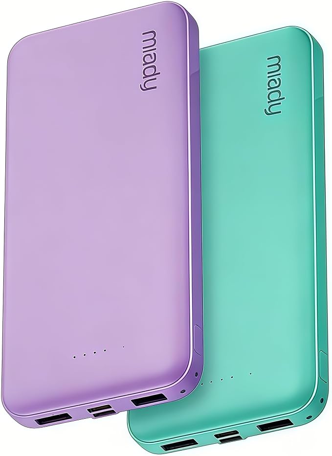 Miady 2-Pack Portable Charger, Slim 10000mAh Power Bank Travel Battery Pack | Dual USB丨3 Outputs 2 Inputs丨for Backpack Travel Camping丨Slim丨Compatible with iPhone Android etc丨Flight-Safe丨37Wh丨Green+Purple by Miady