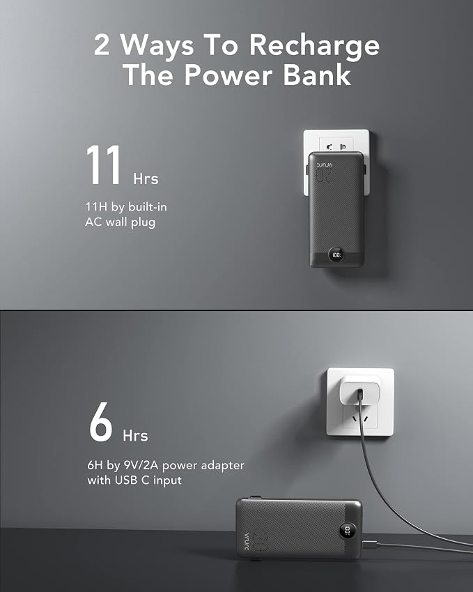 VRURC Portable Charger 20000mAh, Fast Charging Power Bank USB C,4 Output 2 Input Travel Essentials Charging Bank Equipped with LED Display,Built-in Wall Plug and Cables,Phone Charger Battery,Black - Image 4