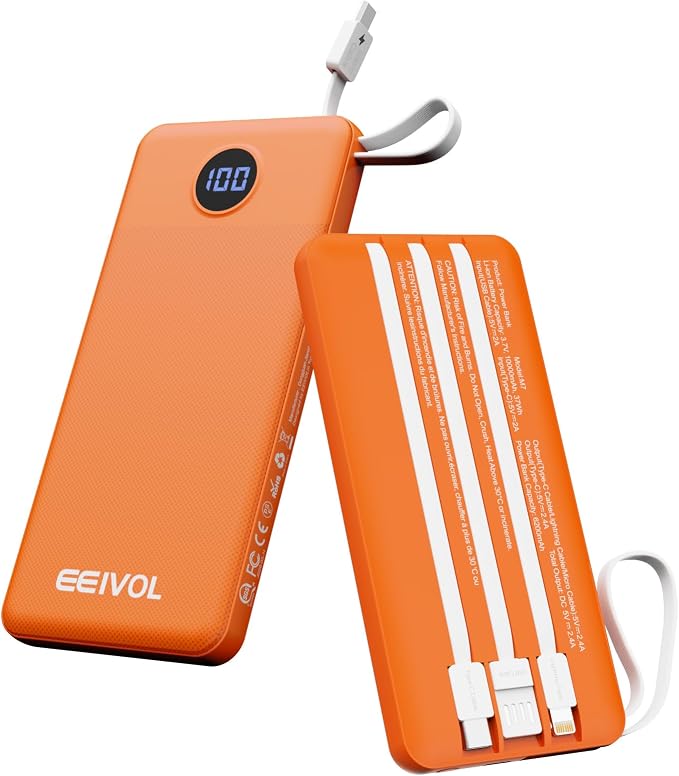 Portable Charger with Built in Cables, Slim 10000mAh Power Bank, USB C Battery Pack Travel, 4 Output 2 Input External Charging Bank for iPhone 17/16/15/14/13,Samsung, Android, etc-Orange(1 Pack) by EEIVOL