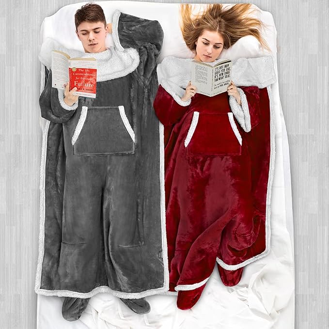 PAVILIA Sherpa Blanket with Sleeves, Foot Pocket for Women Men Adults, Thick Wearable Blanket Throw Wrap, Fleece Warm Snuggle Blanket Robe, Cozy Gift Ideas Wife Mom, Dark Red - Image 5