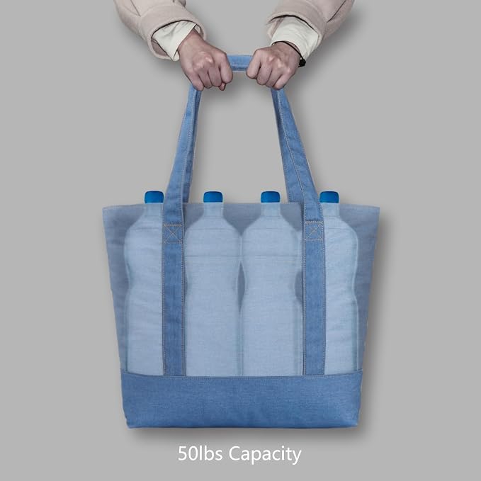 TOPDesign 1-Pack Canvas Tote Bag with an External Pocket, Reusable Grocery Shopping Bag, Top Zipper Closure, Daily Essentials (Medium Blue Demim) - Image 6