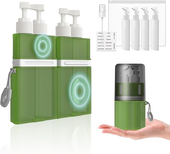 4 in 1 Travel Dispenser Bottle,TSA Approved Refillable Travel Size Toiletries Bottles Set with Suction Cup for Smooth Walls - for Shampoo,Conditioner,Body Wash,Lotion.(Green) by TechoEcho