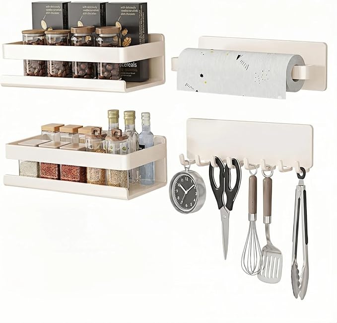 Metal 4 Pack Magnetic Shelf Include Magnetic Spice Rack for Refrigerator,Magnetic Paper Towel Holder,Magnetic Hooks for refrigerator Space-saving design,Small Space Organization (white) by Unknown