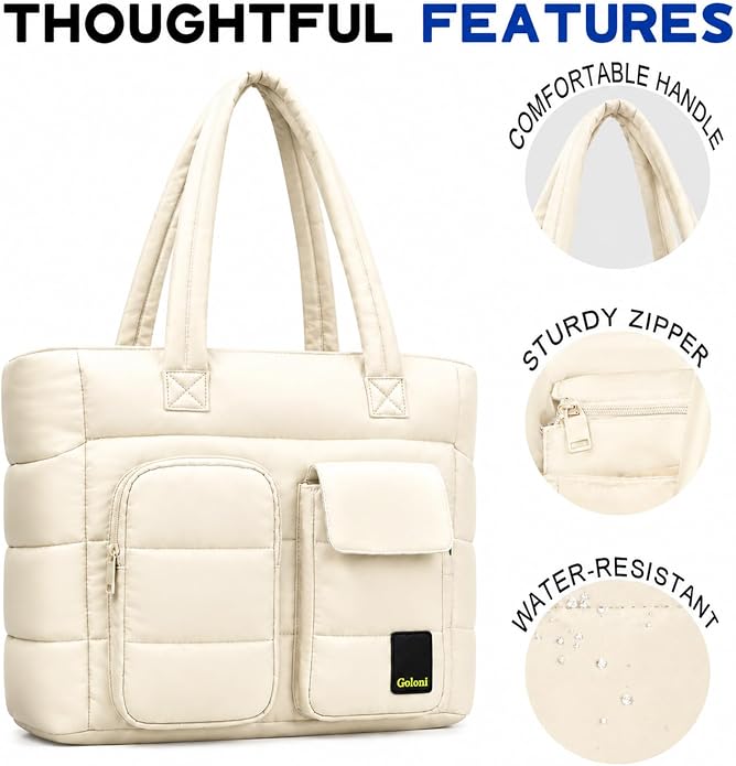 Women Quilted Tote Bag,Lightweight Puffer Travel Bag with Multi Compartment,Luggage Sleeve & Water Bottle Pockets - Image 4