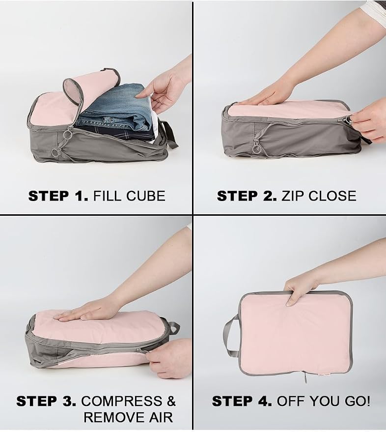 4 Set Compression Packing Cubes, Expandable Travel Organizer Bags, Water-Repellent Nylon, Space-Saving Luggage Set for Suitcase, Carry-on, Home Storage (4, Pink, Compress) - Image 6