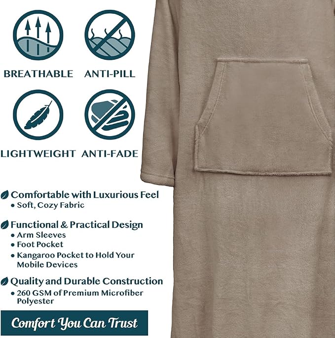 PAVILIA Fleece Blanket with Sleeves, Foot Pockets for Women Men Adults, Plush Wearable Blanket Throw Wrap, Warm Snuggle Blanket Robe, Cozy Gift Ideas Wife Mom, Taupe Beige - Image 4