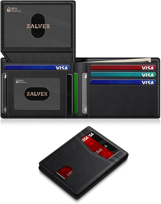 ZALVEX Wallet for Men Slim RFID Blocking Leather Credit Card Holder Wallet | 14 Cards Bifold Minimalist Thin Wallet with 2 ID Windows & Cash Slot Front Pockt Carteras Para Hombres Birthday Gifts for Men by ZALVEX
