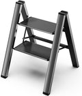 2 Step Ladder, Folding Step Stool with Anti-Slip Wide Pedal | Lightweight, Aluminum Material, 330LBS Load, Portable, Easy Storage, Space Saving, for Kitchen, Bedroom Use, Black by GameGem