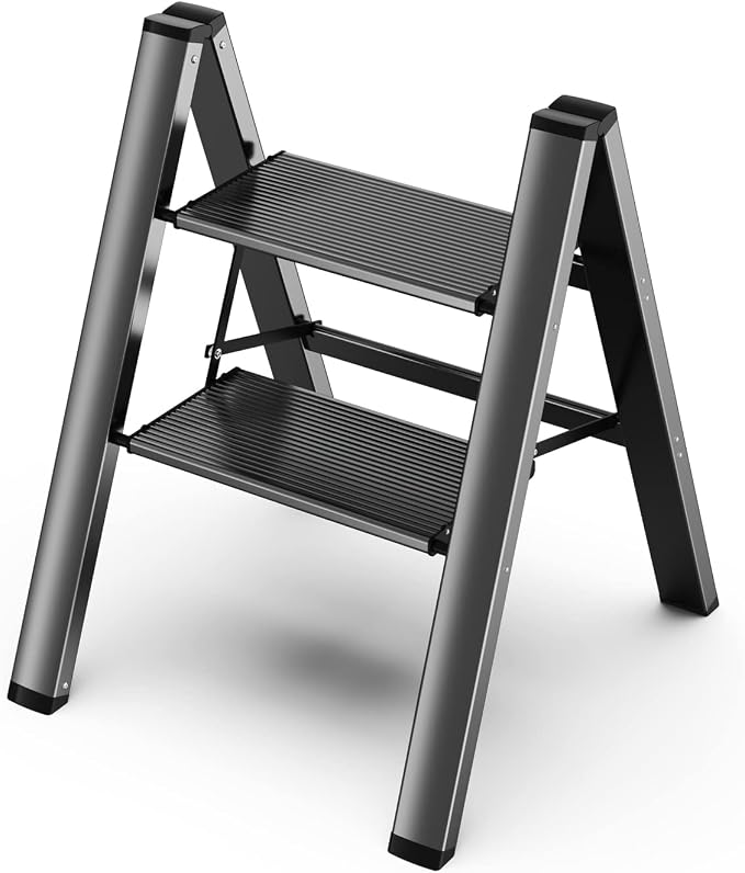 2 Step Ladder, Folding Step Stool with Anti-Slip Wide Pedal | Lightweight, Aluminum Material, 330LBS Load, Portable, Easy Storage, Space Saving, for Kitchen, Bedroom Use, Black by GameGem