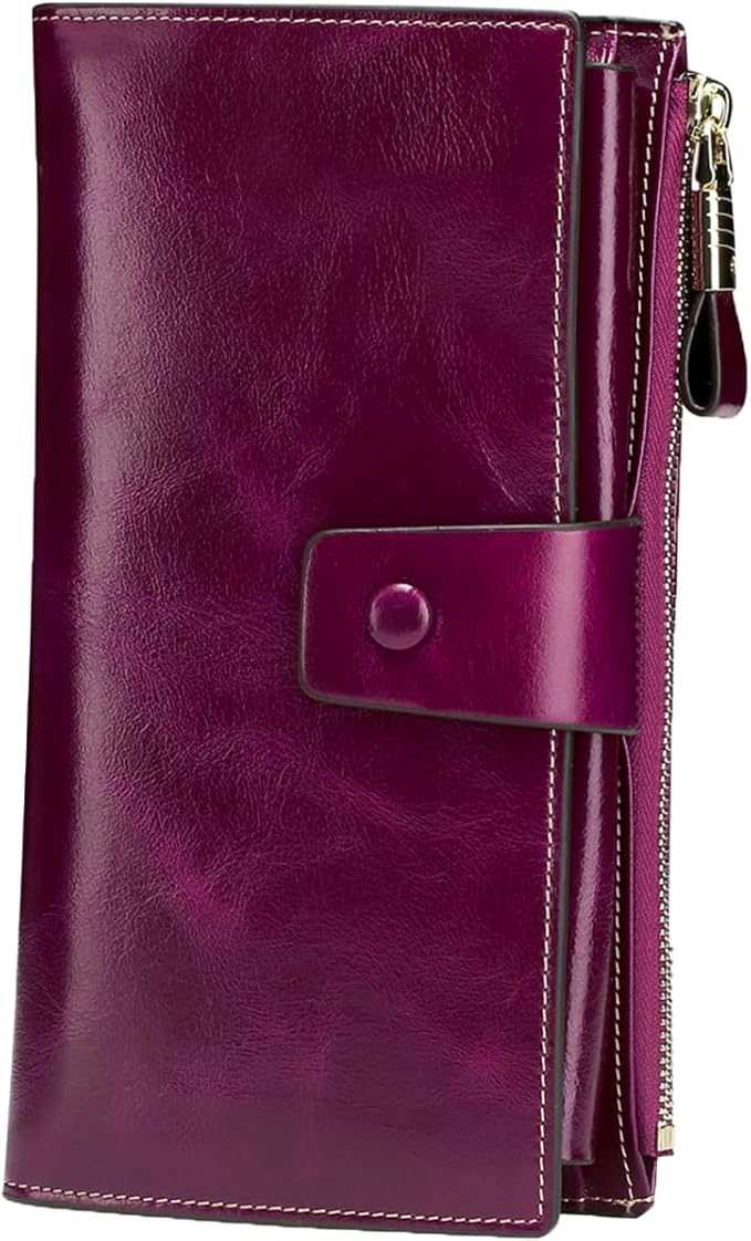 Itslife Womens Wallet RFID Blocking Large Capacity Luxury Wax Genuine Leather Wallets Clutch Wallet Ladies Card holder, Fuchsia by HOME