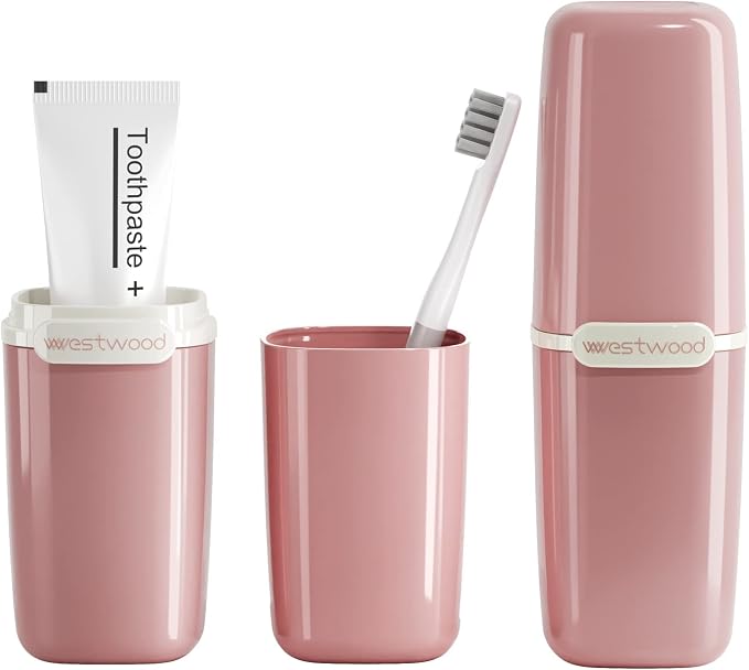 HyJeryty Simple Pink Toothbrush Travel Case, Portable Travel Toothbrush & Toothpaste Holder Cover Organizer Container with Mouthwash Cup for School, Camping, Business Trip, Bathroom Storage by HyJeryty