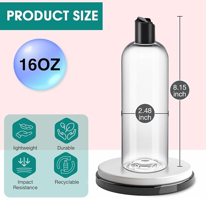 6Pcs 16 oz Clear Plastic Refillable Travel Bottles with Black Disc Top Caps | Squeeze Empty Shampoo Bottles, For Shampoo and Conditioner, For Lotions, Body Soap Cream, Cosmetic Containers - Image 2