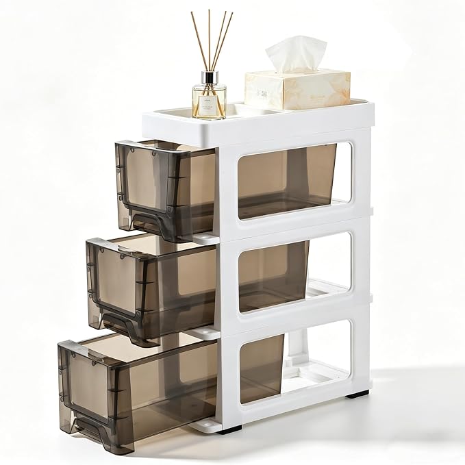 3 Drawer Storage Organizer, Narrow Slim Plastic Storage Drawer Cart with 4 Wheels, 3 Tier Space Saving Storage Tower Box, Narrow Storage Cart for Small Space Bedroom Bathroom Kitchen Pantry Office - Image 3
