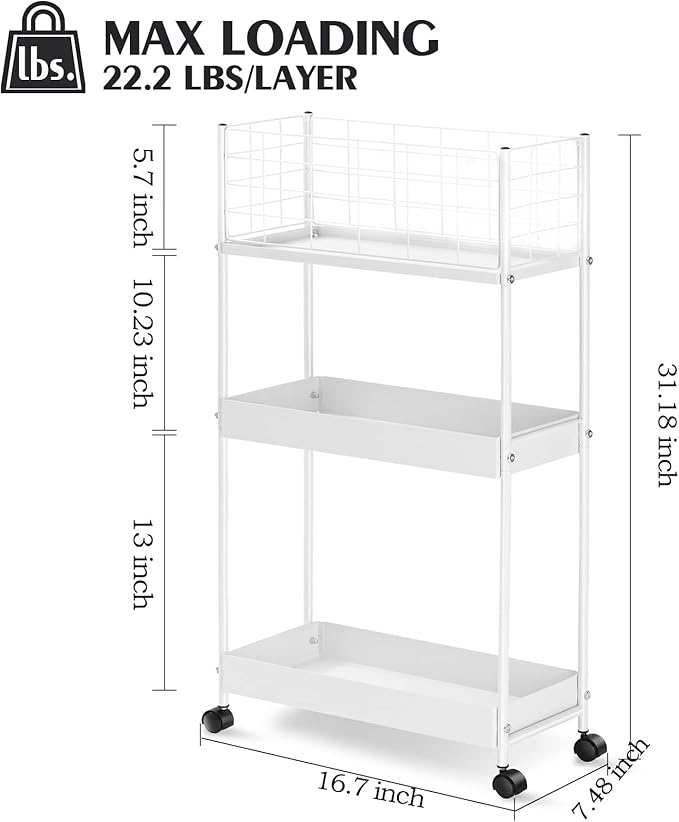 KINGRACK Slim Rolling Storage Cart 3 Tier - Heavy Duty Metal Utility Cart with Raised Edge & Wheels, Narrow Small Mobile Organizer Shelves for Bathroom, Kitchen, Laundry, Office, Living Room, White - Image 8