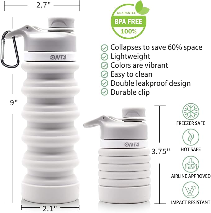 ONTA Collapsible BPA Free Silicone Water Bottle, 20oz - Portable, Leakproof, Easy Clean, Shatter Resistant, Travel Friendly - Image 3