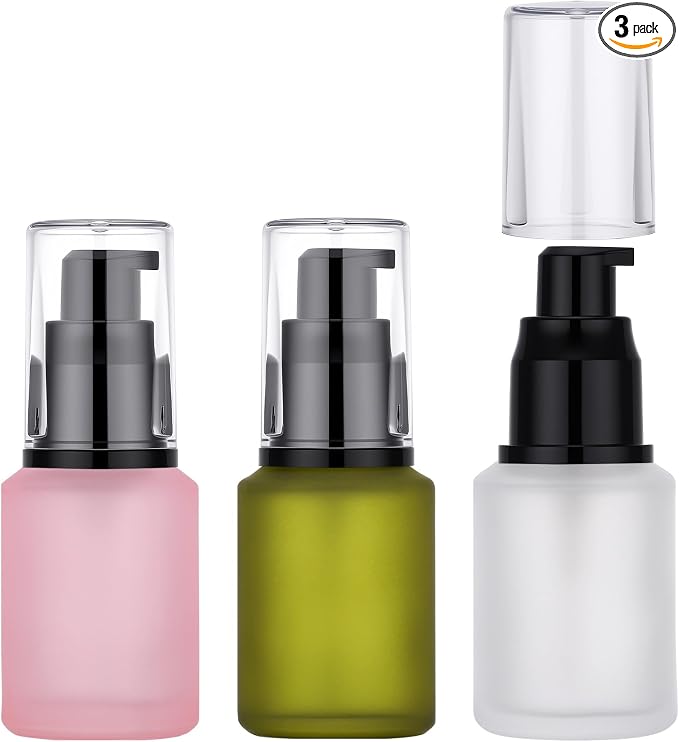 Segbeauty 1oz Frosted Glass Lotion Bottle Empty, 3pcs Travel Lotion Container, 30ml Refillable Glass Travel Bottles for Toiletries, Hair Oil Bottles, Mini Size Skincare Cream Pump Bottle Mixed Color by Segbeauty