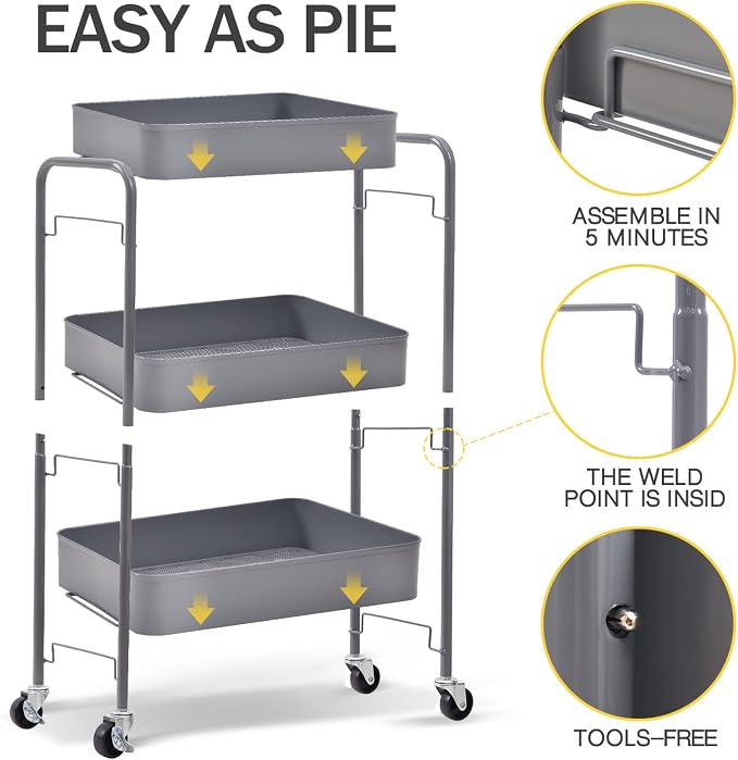 TOOLF 3 Tier Metal Rolling Cart, Utility Storage Cart with Wheels, Grey | Screwless Assembly, Lockable Metal Wheels, Trolley Organizer for Bathroom, Kitchen, Office, Dorm, Laundry, Craft Room - Image 5