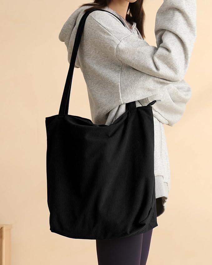Iioscre Corduroy Tote Bag for Women,Hobo HandBags with Zipper | Large Capacity Casual Shoulder Bag with Inner Pockets for Shopping Work Daily Travel. - Image 2