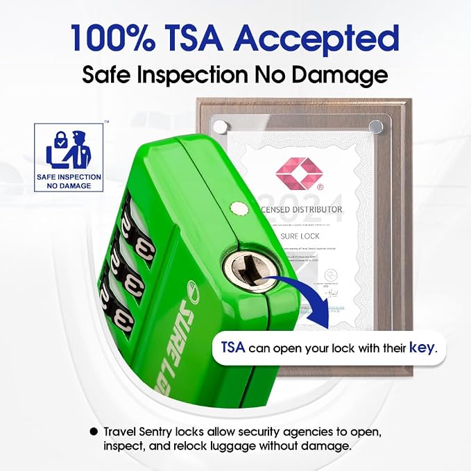 SURE LOCK TSA Approved 4-Digit Resettable Combination Luggage Lock with Open Alert, Easy-Read Dials - for Luggage, School Lockers, Gym, Office, Toolbox & Security Cases(Green 1 Pack) - Image 2