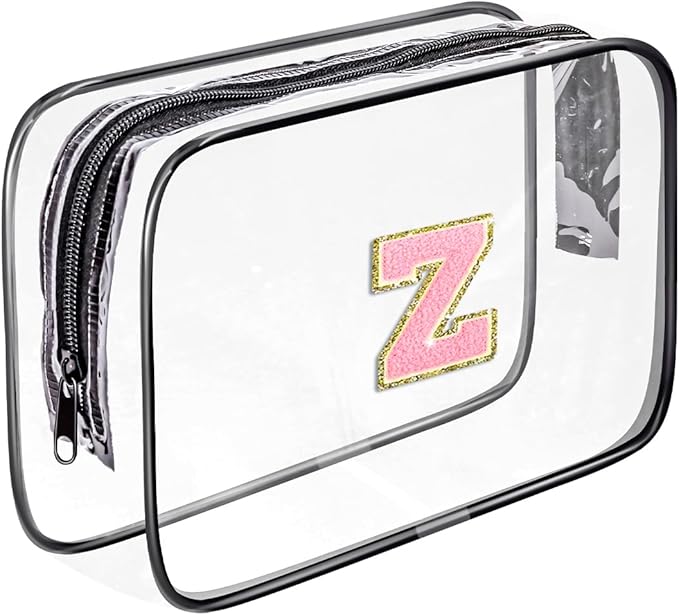 Clear Toiletry Bag,Portable Travel Toiletry Bag,Chenille Letter Cosmetic Bag with Zipper,Waterproof Makeup Bag,Cosmetic Storage Organizer for Women Men,Travel Essentials (Black,Z) by Fodofodo