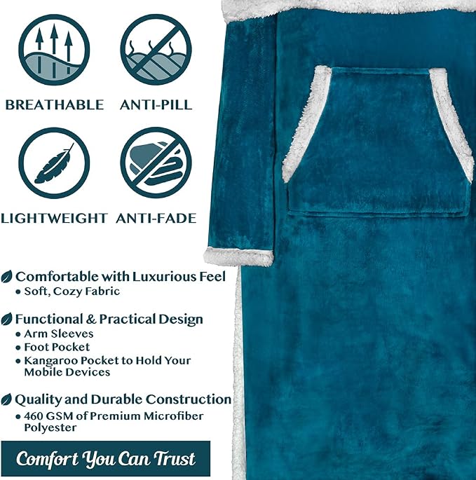 PAVILIA Sherpa Blanket with Sleeves, Foot Pocket for Women Men Adults, Thick Wearable Blanket Throw Wrap, Fleece Warm Snuggle Blanket Robe, Cozy Gift Ideas Wife Mom, Teal Blue - Image 4