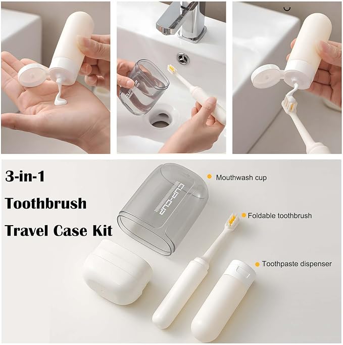 3-in-1 Toothbrush Travel Case Kit - Foldable with Mouthwash Cup, Toothpaste Dispenser, Portable Tooth Brush Holder for Camping, Business Trips, and Daily Use (Cream) - Image 2
