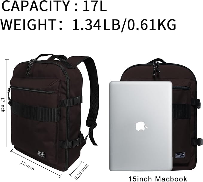Travel Backpack 17L Lightweight Casual Small Carry-on Daypack 15-inch Laptop Notebook, Underseat Overnight Weekender, Brown - Image 2
