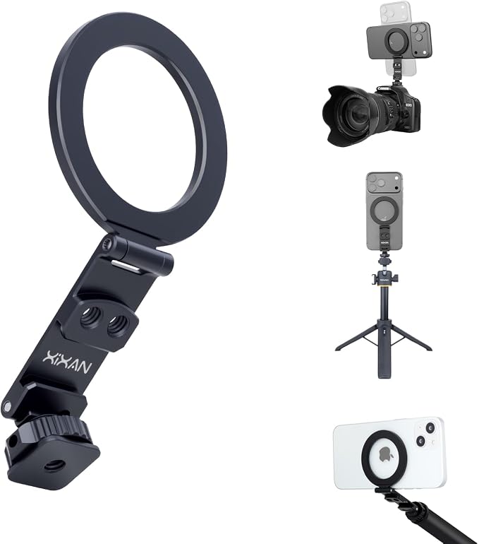 Universal Magnetic Phone Holder with Tripod & Camera Mount Adapter | Aluminum, 1/4" Thread & Cold Shoe, Fits iPhone MagSafe, 360° Rotatable, Foldable, Portable Design for Photography/Video/Vlog by Unknown