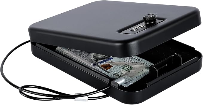 Portable Handgun Pistol Gun Safe Lock Box for Car, Travel & Home | Secures handgun storage, combination-lock access, steel build, 9.4" x 6.4" x 1.8", for car, home, travel, gun owners by Dalmbox