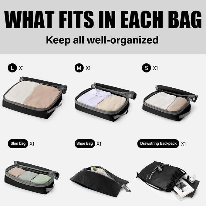 6 Set Compression Packing Cubes for Travel, Lightweight and Space-Saving Luggage Organizer Bags, Sturdy Travel Essentials for Suitcase, Black - Image 5