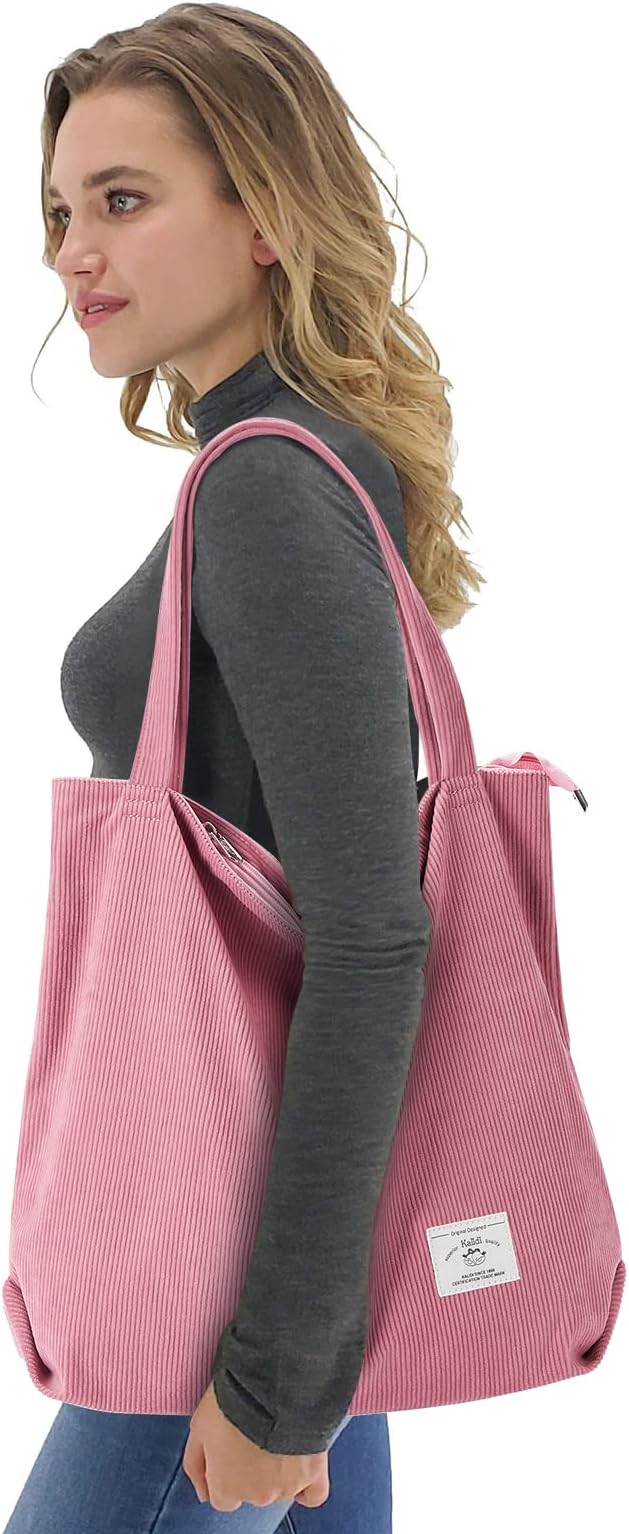 KALIDI Women Corduroy Tote Bag Zipper Casual Tote's Handbag Big Capacity Shoulder Bag with Pockets - Image 8