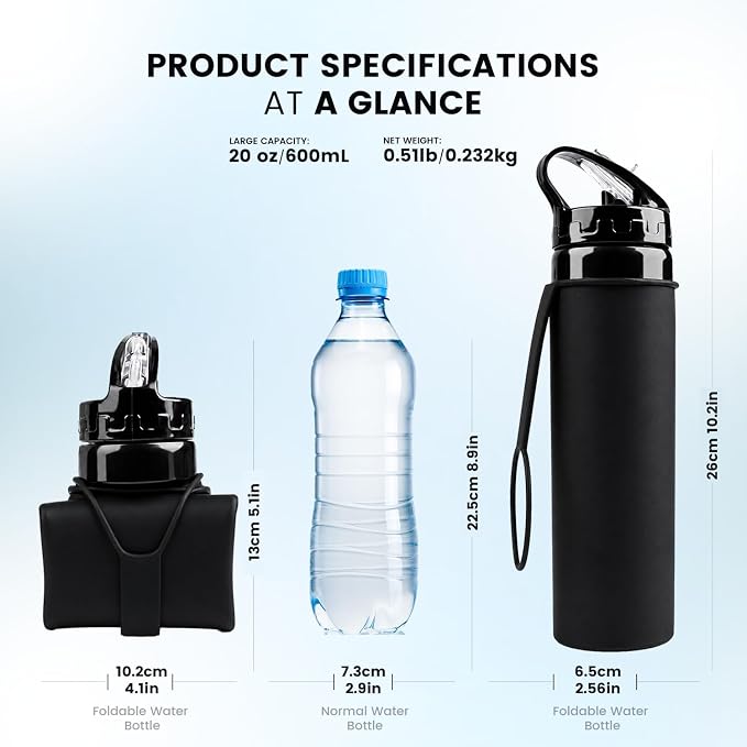 Collapsible Water Bottles 20oz, Foldable Travel Bottle, Leak Proof Lid Running water bottle Reusable BPA Free Silicone for Hiking, Camping, Sports & Outdoors Black - Image 5