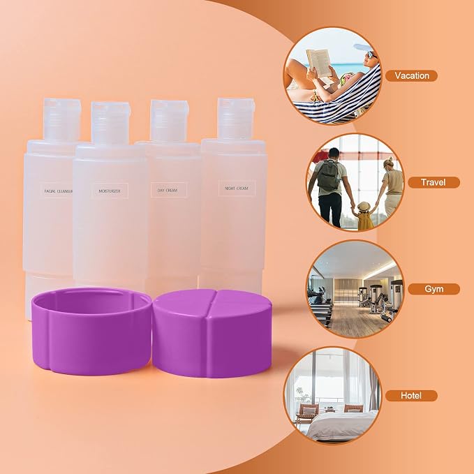 Olatay Travel Bottle, TSA approved 4-in-1 Leak-Proof Bottle, 4 * 60ml/2oz, with 2 Pre-printed Labels for Travel Gym Camping, Carry-On Travel Size Toiletries Shampoo Lotion Bottle for Women Men(Purple) - Image 6