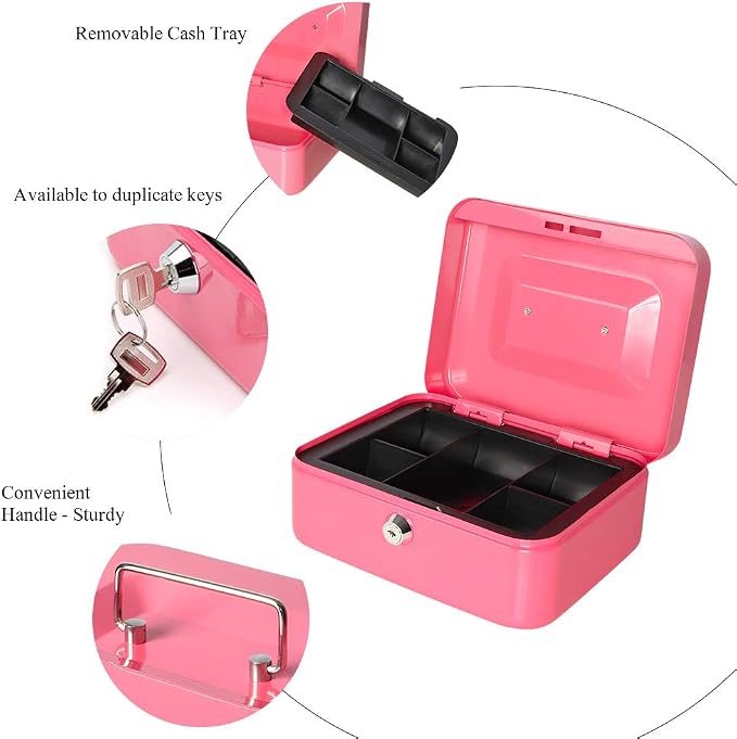 Jssmst Small Cash Box with Key Lock - Durable Metal Cash Box with Money Tray Pink, CB0104M - Image 3