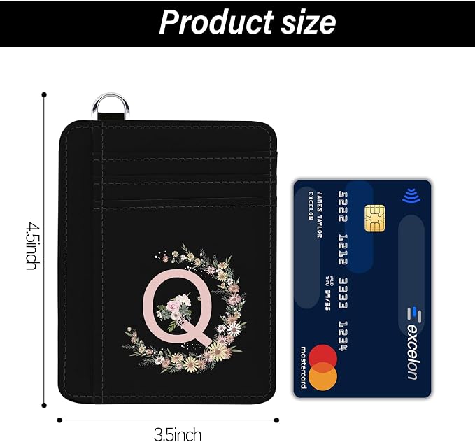 Credit Card Holder for Women,RFID Small Wallet Blocking Credit Card Holder,Slim Minimalist Wallet,Leather Card Case Holder With Keychain (Black-Q) - Image 2
