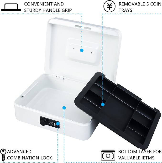 KYODOLED Large Cash Box with Combination Lock,Safe Metal Box for Money, Storage Lock Box with Money Tray,9.84"x 7.87"x 3.54" White Large - Image 3