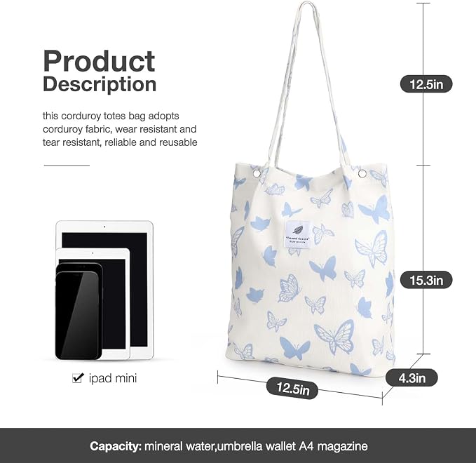 LHMTQVK Corduroy Tote Bags for Women, Large Capacity Tote Purse Reusable Grocery Shoulder Bag with Inner Pockets - Image 3