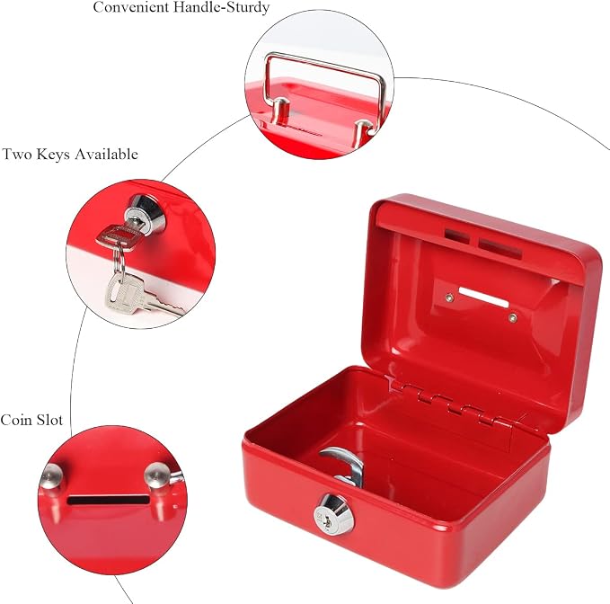 Small Cash Box with Lock and Slot - Jssmst Metal Coin Bank Piggy Bank for Adults and Kids, Red(SMCB0303N) - Image 9