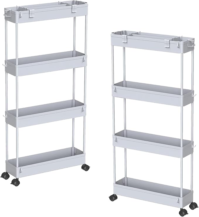 2-piece Set Slim Storage Cart 3 Tier,Bathroom Organizer Rolling Utility,Mobile Shelving Unit Slide Out for Office, Kitchen, Laundry Room & Narrow Places by Home