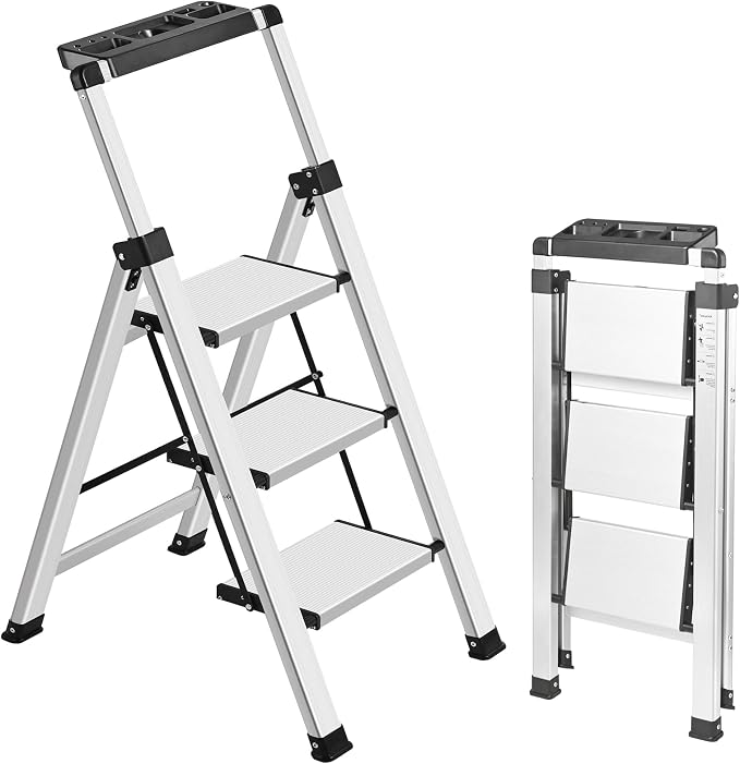 3 Step Ladder, Aluminum Folding Stool with Retractable Handgrip | 330 lbs Heavy Duty | 9.5lbs Lightweight | Removable Tool Tray | Non-Slip Pedals | Slim 2.5" Fold for Kitchen, Closet & Garage by XinSunho