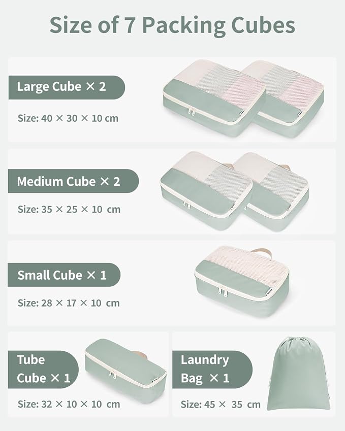 Narwey 7 Set Packing Cubes Durable Packing Organizers Bag Organizer Bags Travel Carry on Suitcase Luggage for Women (Mint Green) - Image 3